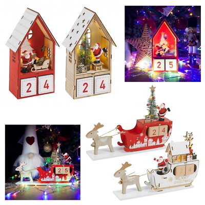 Holz Adventskalender LED Weihnachtshaus Schlitten Leuchtkalender wiederverwendbar Weihnachten