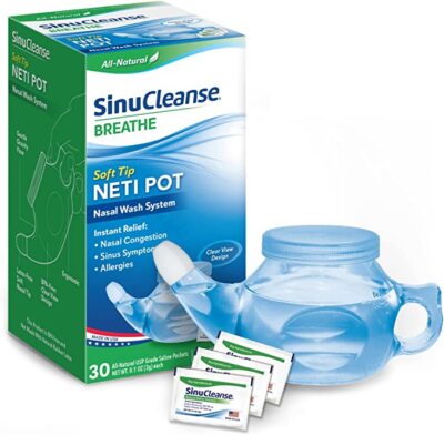 SinuCleanse 1 Soft Tip Neti Pot For Nasal Congestion with Saline Packet 30 Count