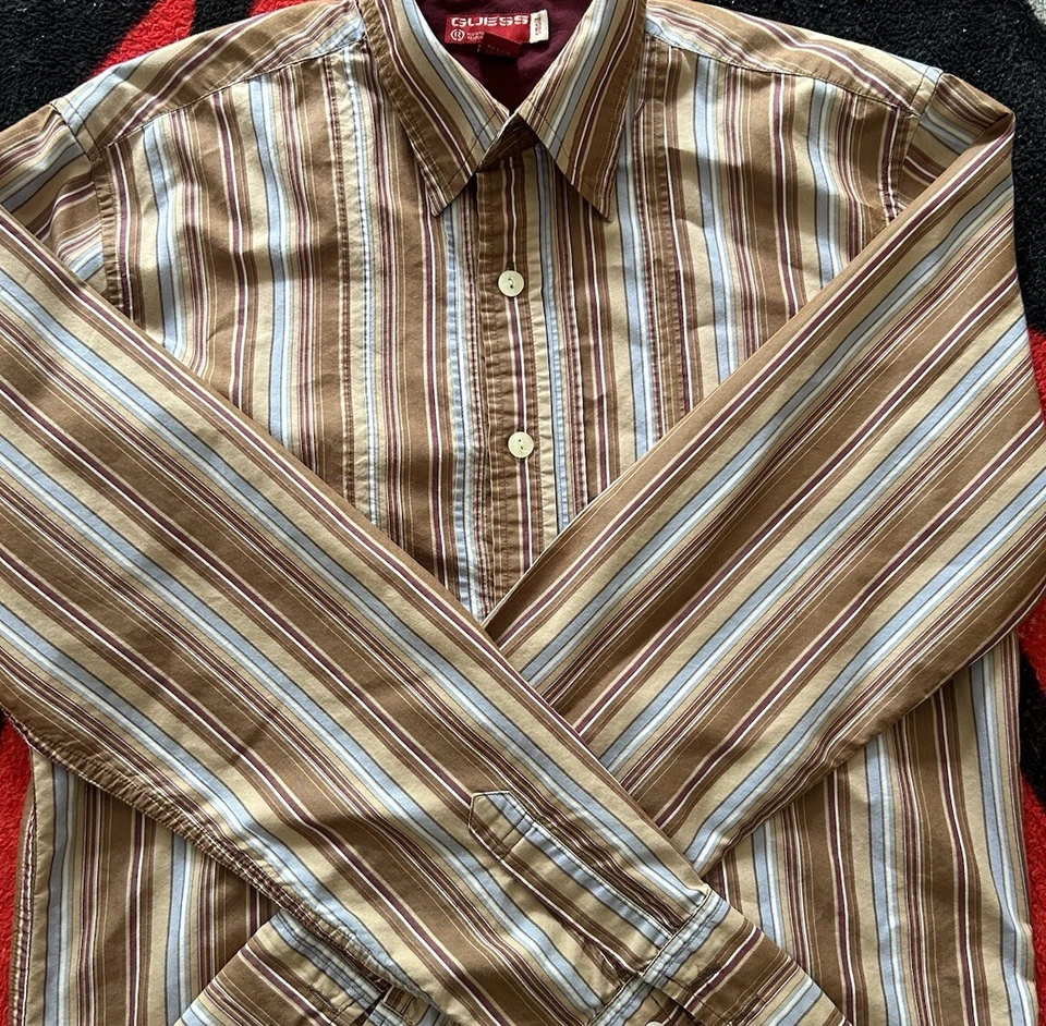 Camisa De Colección Guess Etiqueta Roja Botón Para Hombre Pequeña Marrón/Azul Rayas Acentuada LS Foto 3 de 4