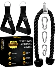 Tricep Rope Cable Attachment with 2 Exercise Handles + 3 Carabiner Clips