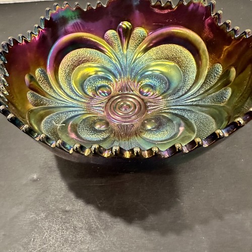 VTG Imperial Purple Amethyst Scroll Carnival Glass Bowl 7" Ruffled Edge - Picture 11 of 12