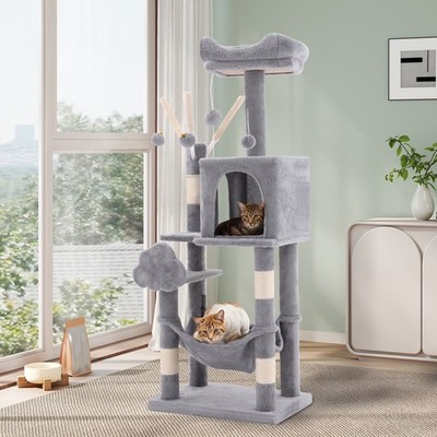 44'' Cat Tree Tower, with Scratch Posts, Condo, Hammock, Toys, Light Gray