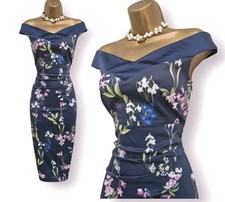 Karen Millen UK 12 Elegant Dark Blue Floral Bardot Wiggle Pencil Occasion Dress