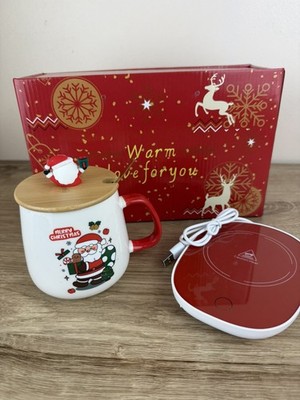  Weihnachtstasse mit Deckel Löffel & USB Stövchen Geschenk Keramiktasse Weihnachtsmann verpackt Xmas. 