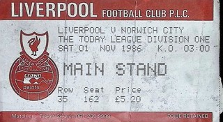 Liverpool v Norwich City 1986 1987 Division One Ticket 01/11/1986
