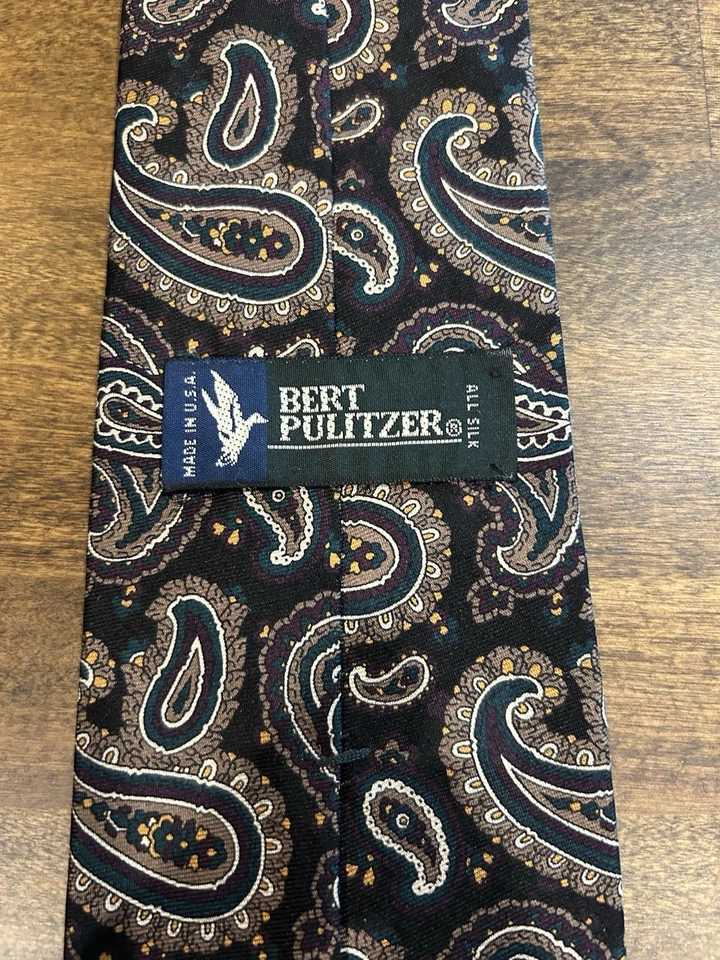 Мужской винтажный шелковый галстук Bert Pulitzer с узором пейсли черный и серый - Изображение 2 из 3