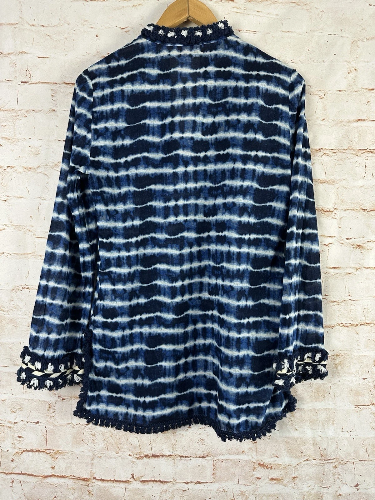 Tunica Tory Burch impreziosita da cravatta tinta a righe in voile di cotone blu e bianco taglia 8