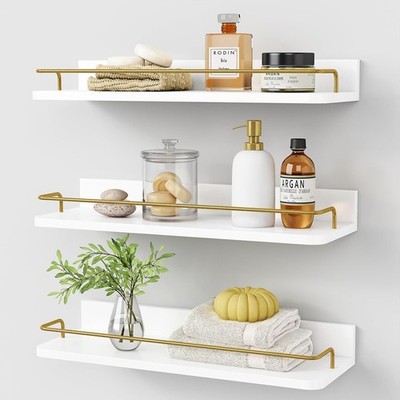 Forbena Gold Floating Shelves Set of 3 with Guard Rail White Gold