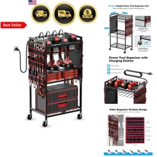 Power Tool Organizer Cart with Charging Station 8 Outlets Garage Storage on W...