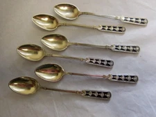DAVID ANDERSEN 925S SET SIX STERLING DEMITASSE SPOONS BLACK ENAMEL / FANS DDA18