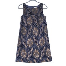 LOFT Shift Dress Navy Blue Gold Damask Velvet Burnout Sleeveless Womens XS