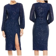 Mac Duggal NWT Long Sleeve Sequin Cocktail Knee Length Dress Midnight Blue Sz 6