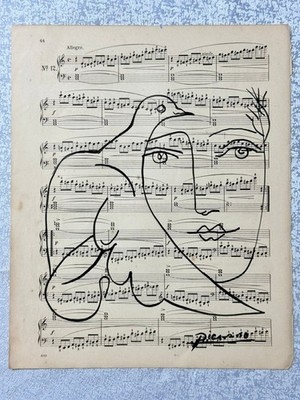 Pablo Picasso Drawing (handmade) painting on old paper signed stamped vintage