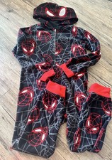 Marvel Miles Morales One Piece Kids 6/7 Hooded Black Red Spider-Man Pajamas