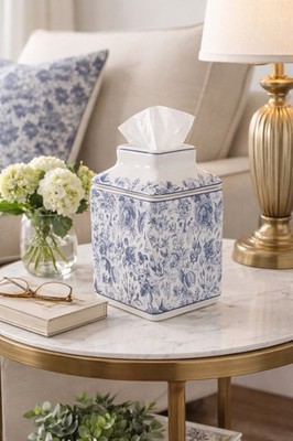 Ceramic Floral Square Tissue Box Cover Blue White Roses Tissue Cover 6.25 x 4.8 