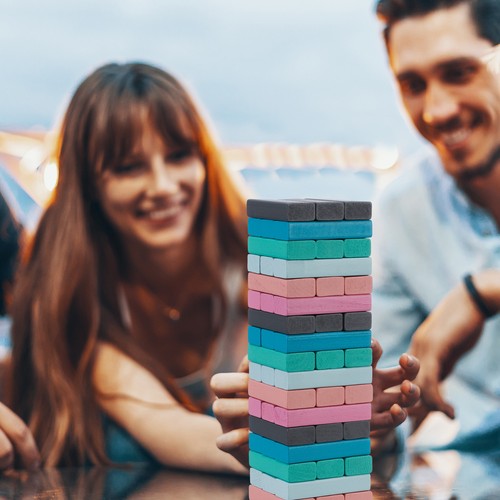 Wackelturm Stapelturm-Spiel Geschicklichkeitsturm Turmspiel 54 Klötze 6 Farben - Bild 3 von 7