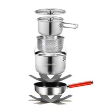 Camping Cookware Set 304 Stainless Steel Cooking Pots Pan Set with Travel Tot...