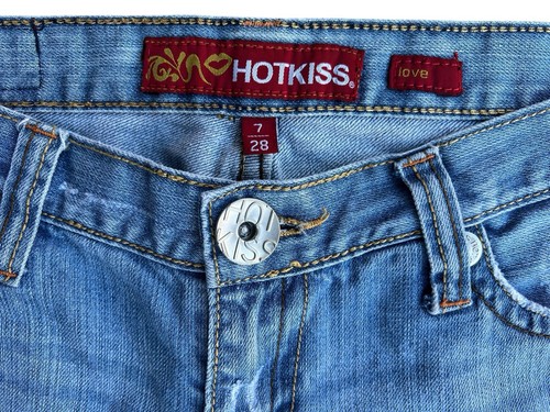 Jeans svasati vintage Y2K anni 90 HOT KISS vita bassa taglia 7/28 made in Hong Kong invecchiati - Foto 2 di 11