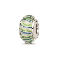 Reflection Beads Sterling Silver Blue  Green Stripes Hand Blown Glass Bead