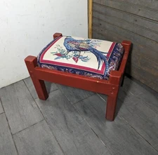 Vintage Asian Oriental Red Painted Rustic Solid Wood Sewing Footstool Stool