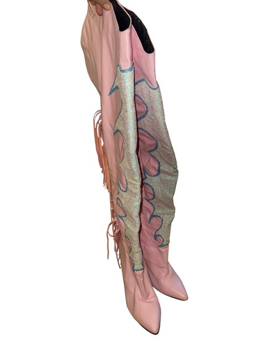 Pink Glitter Flame Western Thigh High Boots Fringe Size10 Cowgirl Sexy Beyoncé - Picture 4 of 8