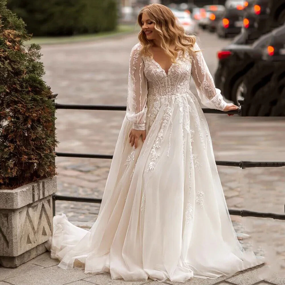 long sleeve a line plus size wedding dresses A-line Tulle V-neck Appliques Bridal Gown shoulder plunging neckline and front knot The short list for Size:6 years
