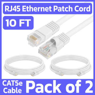 2 Pack White Cat5e Ethernet Patch Cable 10ft RJ45 Network Cord Internet Wire