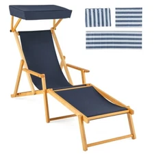 Birch Wood Foldable Beach Chaise Lounge Chair & Replacement w/ Adjustable Canopy