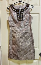Tory Burch Sz 2  Metallic Silver Shift Dress Geometric Embossed Print