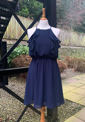 Monteau Los Angeles Navy Blue Dress High Neck With Ruffles Size M (Approx  10-12) | eBay UK