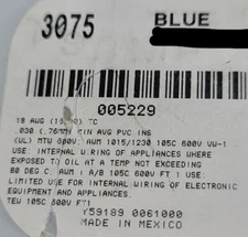 Alpha Wire 3075 #18awg Tinned Copper Hook Up Wire MTW TEW 105C/600V BLUE /100ft