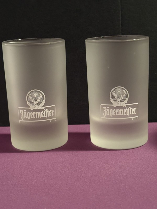 2 - Jagermeister Frosted Shot Glass W/ Logo on Bottom 2 3/4" Tall Jager 1 fl oz