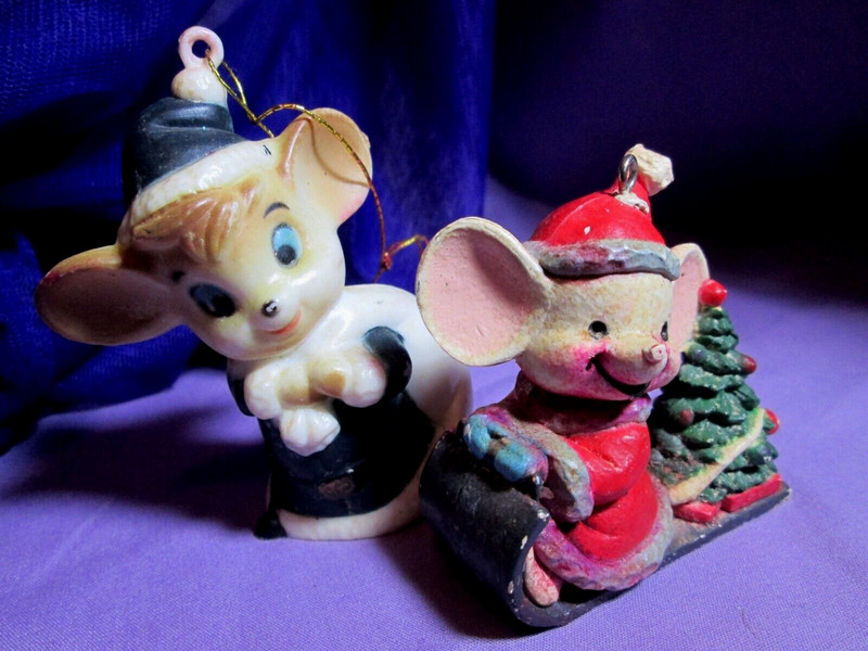 Lot Of 2 Vintage Hard Plastic Holiday Dressed Big Ear Mice Christmas Ornaments