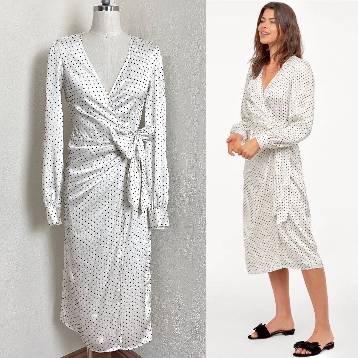H&M Retro Satin Twill Velvet Flocked Polka Dot Wrap Dress