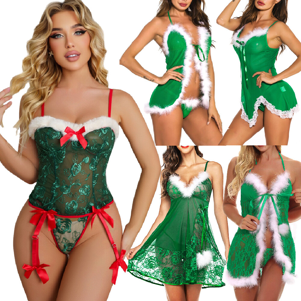 Christmas Lingerie Women Sexy Santa Chemise Lingerie Babydoll Sleepwear  Dress