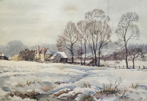Pintura de acuarela original vintage antigua cubierta de nieve para tierras de cultivo de invierno - Imagen 4 de 10