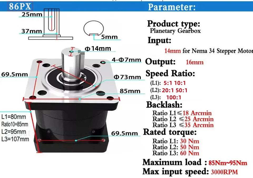 5:1~100:1 Planetengetriebe IP65 für NEMA34 86er Schrittmotor getriebe,14mm input - Bild 4 von 4
