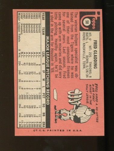1969 TOPPS SET BREAK # 58 FRED GLADDING ASTROS EX-MINT OR BETTER HIGH GRADE - Picture 2 of 2