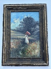 ANTIQUE AMERICAN IMPRESSIONIST PAINTING SIGNED EP WOMAN PARASOL UMBRELLA OIL