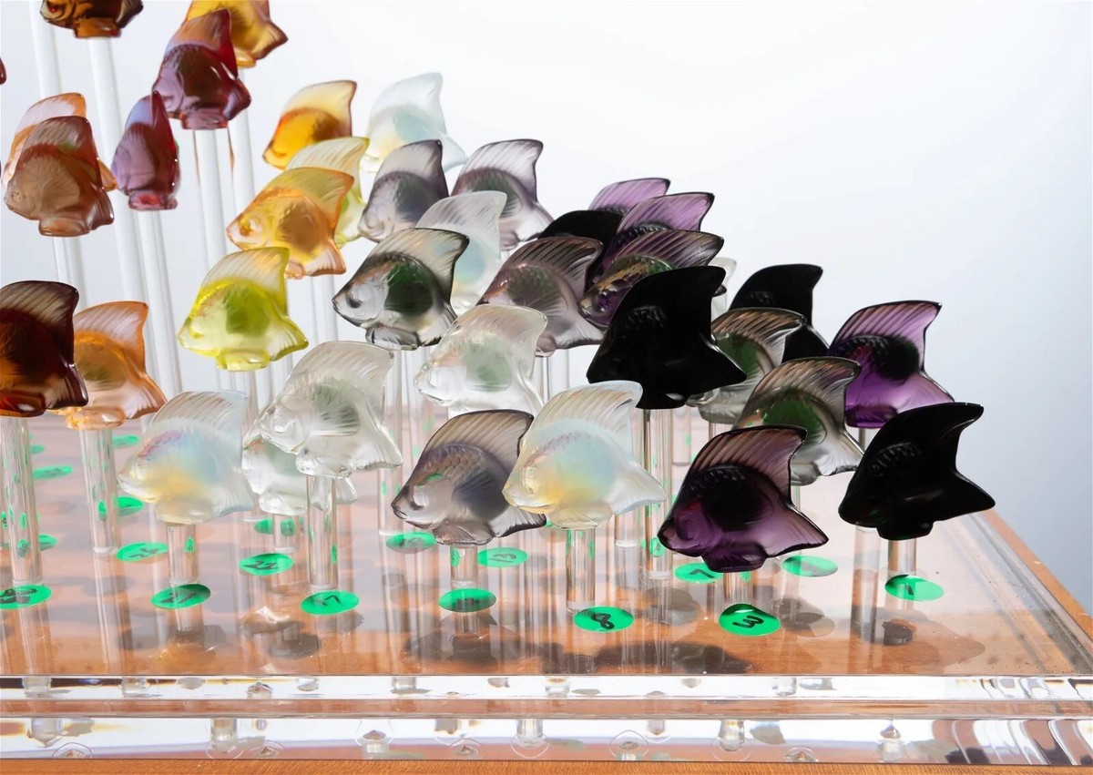 Rare Lalique Crystal Aquarium Sculpture 100 Fish w/Custom Display