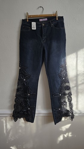Sassy Thai Women’s Jeans Flared Lace Beaded Jeans Navy Blue/black Size 10 New