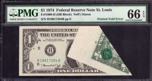 1974 $1 FEDERAL RESERVE NOTE ST. LOUIS PRINTED FOLD OVER ERROR PMG GEM 66 EPQ