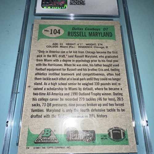 1991 Bowman Russell Maryland RC Rookie. PSA 9. Pop 3. Dallas Cowboys. U Of Miami - Picture 2 of 2