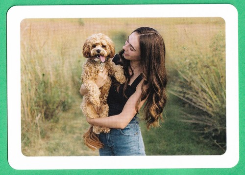 1 WIDE SWAP PLAYING CARD  PRETTY YOUNG LADY & HER CAVOODLE DOG