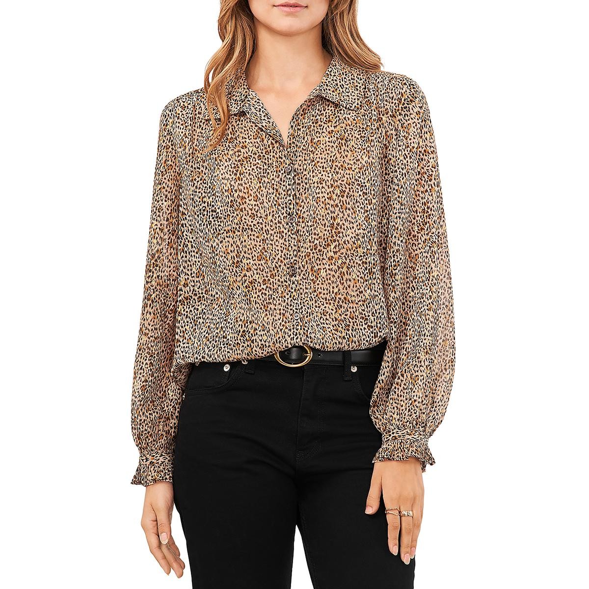 Женский коричневый леопардовый топ с V-образным вырезом и пуговицами Vince Camuto Top XS BHFO 7835