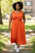 Old Navy Orange Sleeveless Midi Dress w/Scalloped Neckline