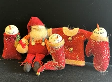 5 Vintage Felt Christmas Ornaments PRIMITIVE Plush Handmade Santa Snowman c 1970