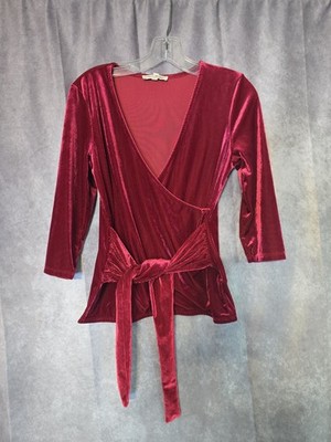 Womens Express One Eleven Ribbed Velvet Wrap Front Tee Top Shirt Medium Red Y2k 
