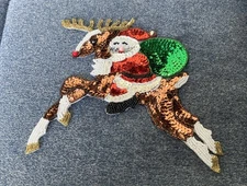 Santa Riding A Reindeer Applique 7” Wide Sequins & Beads Santa DIY Sewing New