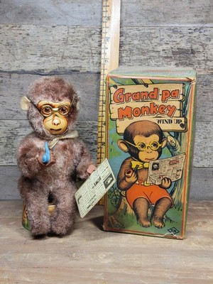 Vintage 60s Space Newspaper Grandpa Monkey Wind Up Tin Litho Toy Japan Works Box